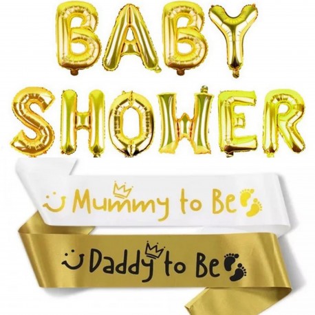 Babyshower set met 2 sjerpen Mommy en Daddy to Be en 1 grote folie ballonnen slinger Babyshower goud