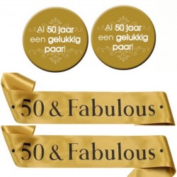 50 & Fabulous set met 2 gouden sjerpen en 2 buttons Al 50 jaar een gelukkig paar