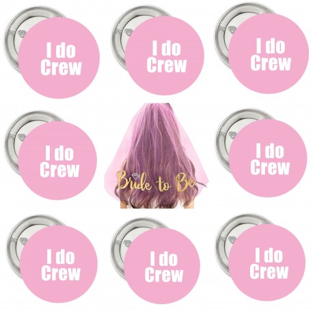 Vrijgezellenfeest set met 1 roze sluier en 8 roze buttons I Do Crew