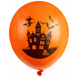 Halloween ballonnen oranje met zwarte Haunted Houses en heks