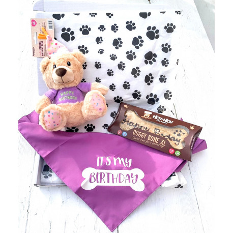 Honden verjaardags pakket Birthday Beer met bandana en koek Happy Birthday bot