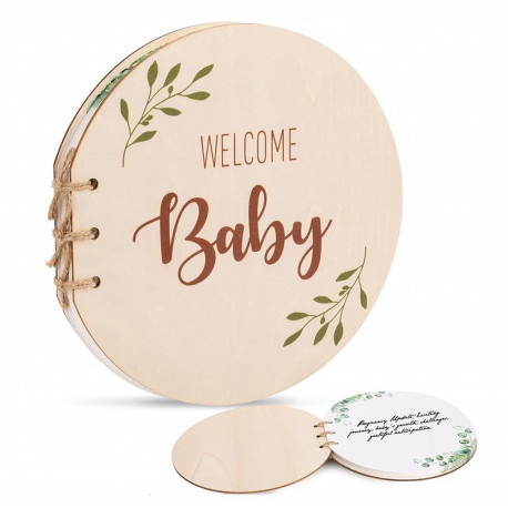 Houten Baby Shower gastenboek rond Welcome Baby