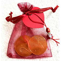 Schoencadeautje rood organza zakje met kaartje, 2 chocolade munten en Sinterklaas gelukspoppetje