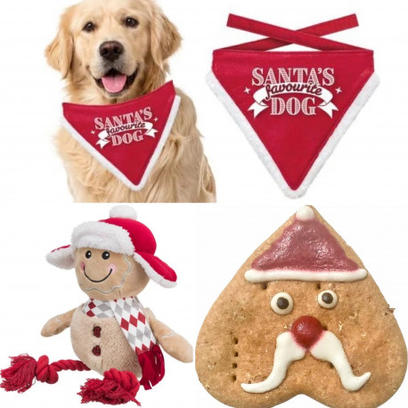 Honden kerst pakket met bandana, knuffel en kerstkoek