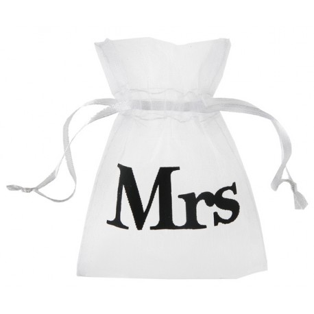 Pak met 10 organza zakjes wit met treksluiting met in zwart de opdruk Mrs