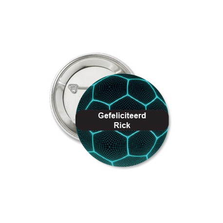 Button voetbal blauw met zwarte tekstvlak voor eigen tekst 